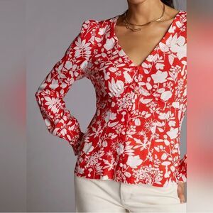 Anthropologie Maeve Seamed V-neck Button-Up Red Floral Top Long Sleeve S